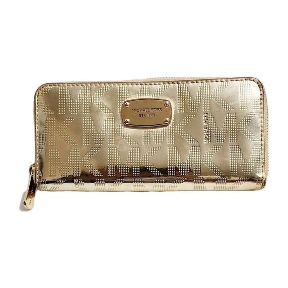 MICHAEL KORS JET SET METALLIC CONTINENTAL ZIP AROUND MK LOGO WALLET - Picture 1 of 10